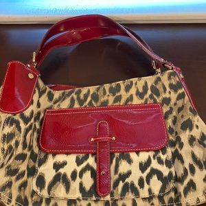 Leopard Print Faux Red Patent Leather Trim Shoulder Bag